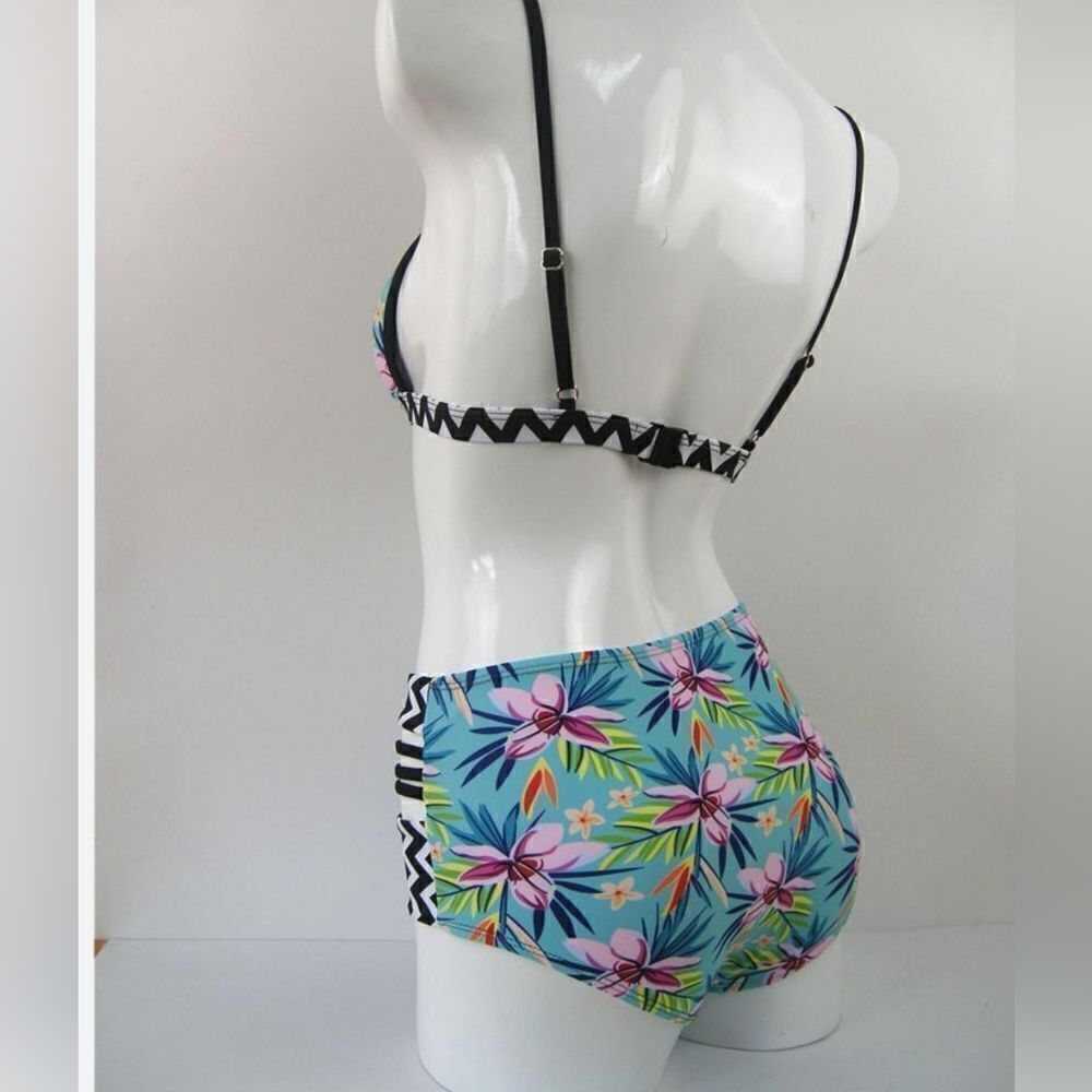 Tinpia Womens Green Floral Swimwear High Waist Bikini Bandage Swimsuit - Picture 3 of 6